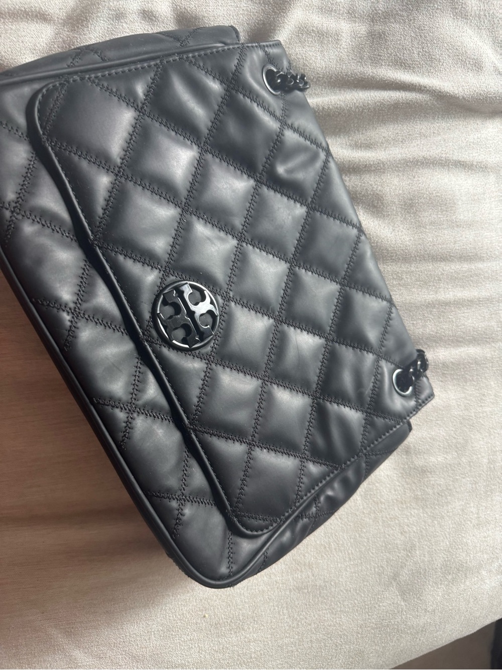 Tory Burch Black Quilted Leather Shoulder Bag with Logo Medallion